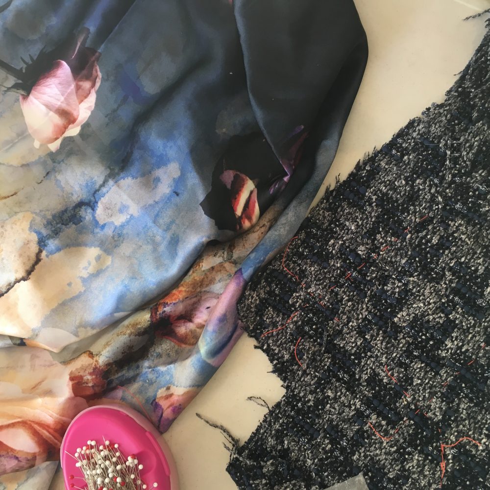 Carol has an amazing textured boucle in Navy and grey from Linton Tweed, plus a really stunning watercolour printed silk she picked up from her local in Perth. I've laid claim to her silk scraps!