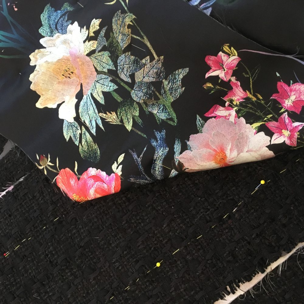 Danielle has a really textured black boucle with a black and coloured floral printed silk, which is just so gorgeous.